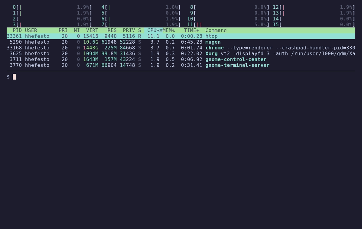 htop shows one core busy while ana's Bend decoder runs on one thread, then all sixteen cores busy at sixteen threads; same checksum, 4 decode steps in 7.2 s versus 1.1 s
